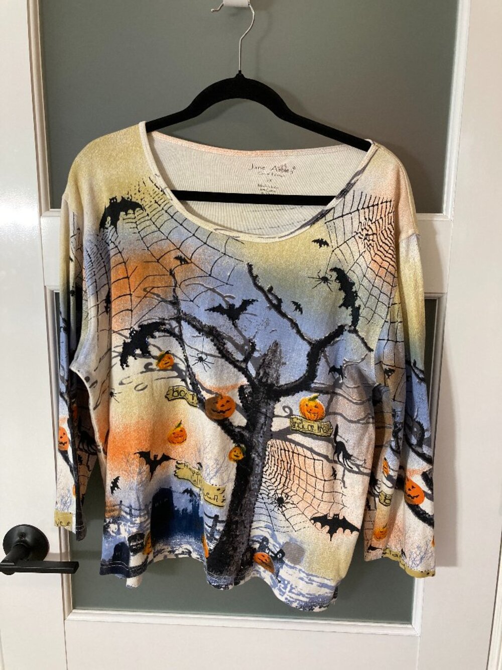Vintage Jane Ashley Halloween Scenic Beaded Top - Size 2X - Happy Halloween